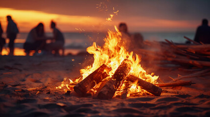 closeup of a bonfire in front of the beach on a nice evening with young people enjoying life 