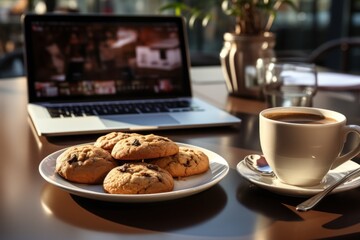  a plate of cookies on a table next to a cup of coffee and a laptop on a table with a vase of flowers and a cup of coffee in the background. - obrazy, fototapety, plakaty