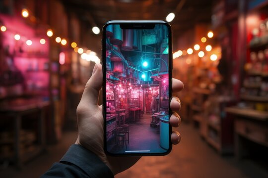 Augmented Reality - Urban Exploration through Technology: A hand holds a smartphone capturing an alley, blending digital and physical worlds in urban exploration.