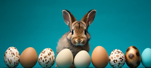 Fototapeta na wymiar A cute bunny sitting next to eggs Generative AI