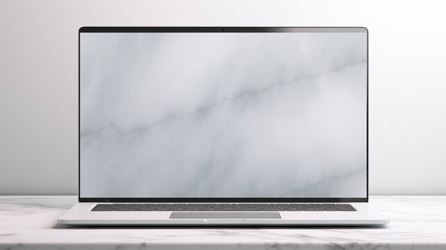 A high-resolution mockup of a silver laptop with a blank screen, on a marble countertop.