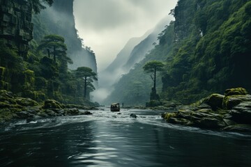 Mystical River Journey: A small boat navigating a misty river surrounded by lush green cliffs, evoking a sense of adventure, tranquility, and natural beauty.