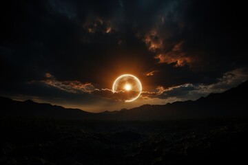 Fototapeta premium Solar Eclipse Over Mountains: A dramatic solar eclipse casting a halo of light over a rugged mountain range, evoking awe and wonder.