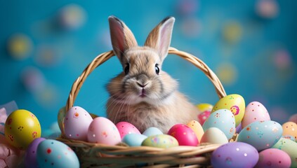 A cute bunny sitting in a basket filled with colorful eggs Generative AI