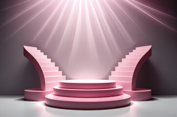 Three-dimensional pink realistic product podium in rays of light on a monochrome background.