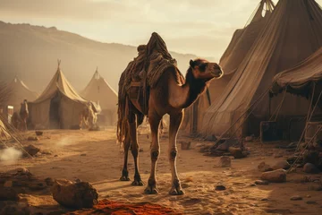 Foto auf Acrylglas Nomadic Desert Camel: A lone camel stands before traditional tents, symbolizing endurance in the desert. © ZenOcean_DigitalArts