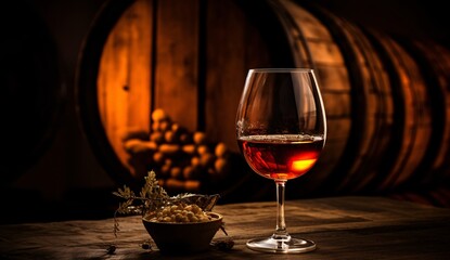 A glass of wine in front of a wooden barrel Generative AI