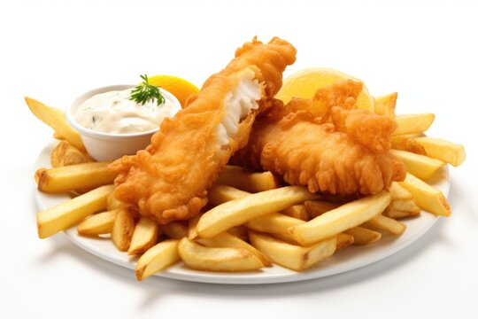Battered deep fried fish and chips and tartar sauce on white background