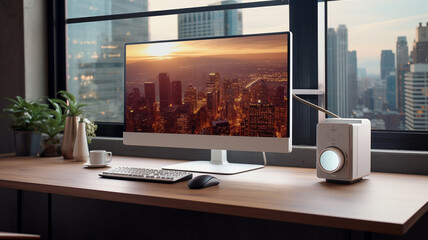 A mockup of a high-end, flat-screen monitor, with a slim bezel, in a professional office setup.
