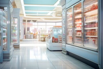 Blurred fuzzy grocery store refrigeration displays