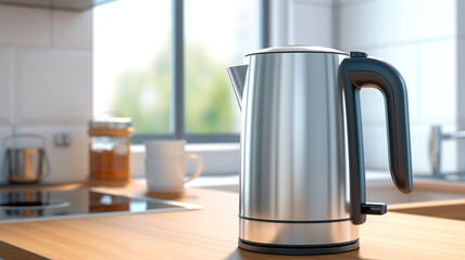 A mockup of a modern, electric kettle, with a stainless steel finish, on a kitchen countertop.