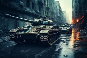 War Machine - A Dramatic Scene of Tanks in a City Generative AI