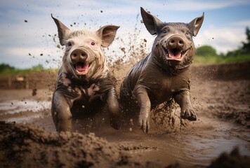 Two Pigs Playing in Mud Generative AI - obrazy, fototapety, plakaty
