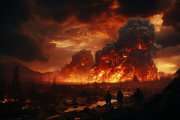 Catastrophic Wildfire at Dusk, Spectators in Awe, Environmental Disaster, Apocalyptic Destruction.