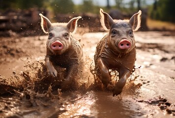 Two Pigs Running in Muddy Water Generative AI
