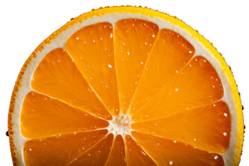 Vivid orange slice with droplets, isolated on white, perfect for nutrition and food industry visuals, with a fresh and healthy appeal.

