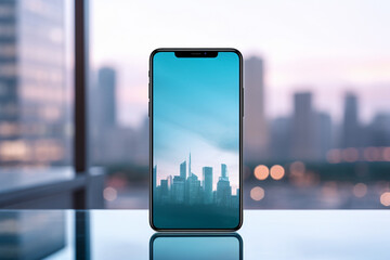 A mockup of a sleek, modern smartphone on a clear glass table, with a blurred cityscape background.