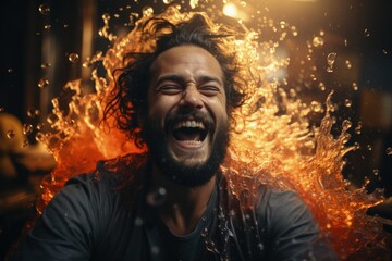 Exuberant Joy Amidst Water: A man with a radiant smile is surrounded by splashing water, encapsulating a moment of pure, uninhibited joy and refreshment.