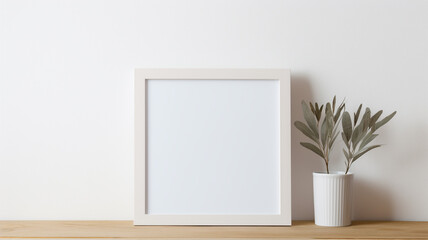 A mockup of a stylish, minimalist picture frame, with a white border, on a light wooden surface.