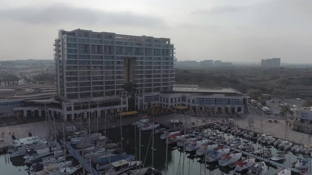 Aerial Footage of the marina in Herzliya and the luxurious Ritz Carlton hotel on the promenade.