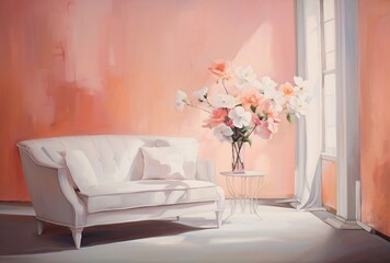 A White Couch with Pink Flowers in a Vase Generative AI