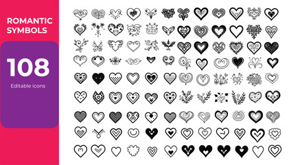 Romantic Love Icons Set: Editable Thin Line Icons of Love Messages, Heart Shapes, Vector Illustration Isolated on White Background for Valentine's Day, Romance, Relationship, Wedding, Dating