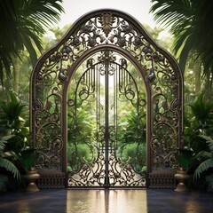 A grand entrance with a large gate and a tropical setting Generative AI