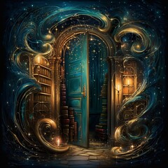 A magical doorway with a blue door and a bookshelf filled with books Generative AI