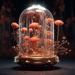 A Glowing Glass Dome with Orange Flowers Generative AI