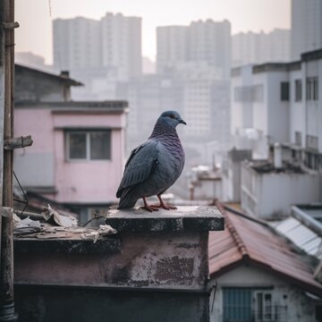 A purple and black bird perched on a ledge in a city Generative AI