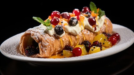  a white plate topped with a crepe filled with fruit and topped with whipped cream and a sprig of mint.