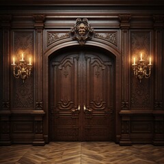 A grand entrance with a wooden door and ornate decorations Generative AI