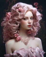 Pink-haired Doll with Pink Hair and Pink Dress Generative AI