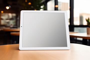 A modern tablet mockup with a blank screen, placed on a glass table with a subtle reflection.