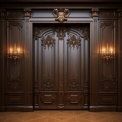 A grand entrance with a wooden door and ornate design Generative AI