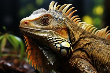 Obraz premium Majestic Iguana Portrait: Detailed close-up of an iguana, highlighting its vibrant scales and regal demeanor in a natural habitat.