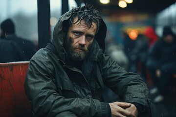 Weathered Man in Despair: A gritty portrait of a man exuding hopelessness, immersed in urban struggle during harsh weather.