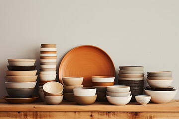A set of ceramic dinnerware mockups, including plates and bowls, neatly stacked on a wooden dining table. - obrazy, fototapety, plakaty