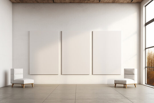 A set of blank canvas mockups in a gallery setting, with focused lighting and a serene environment.