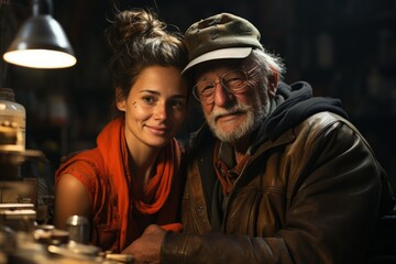 Generations in Craftsmanship: Elderly man and young woman in cozy workshop, capturing warmth, legacy, and the bond of shared craftsmanship. 