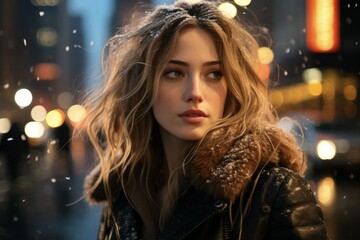 Winter Cityscape Portrait: Young woman with snow-dusted hair in an urban night setting, exuding a sense of wonder, contemplation, and the quiet beauty of winter.