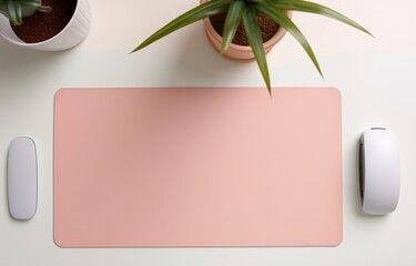 A pink mouse pad with a plant in a pot on the side. Generative AI