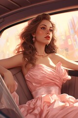 A beautiful woman in a pink dress, sitting in a car and looking at the camera. Generative AI