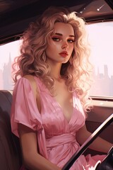 Blonde Woman in Pink Dress Sitting in Car Generative AI