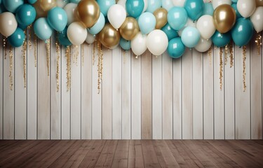 A large collection of balloons and streamers on a wooden wall Generative AI