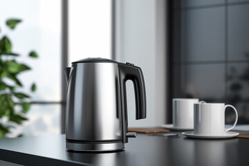 A sleek electric kettle mockup, with a stainless steel finish, on a modern kitchen countertop.