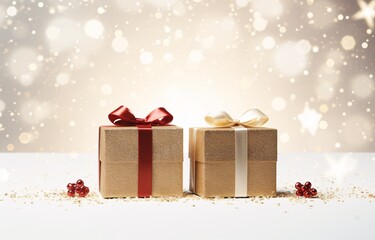 Two Gift Boxes with Bows and Glittering Background Generative AI