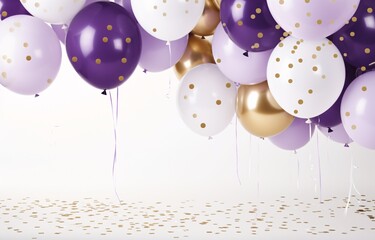 A bunch of gold and purple balloons floating in the air Generative AI