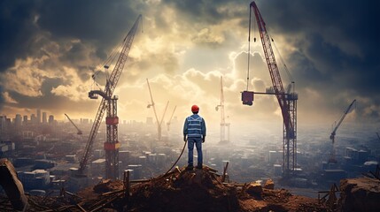 A Man Standing on a Pile of Dirt with Cranes in the Background Generative AI