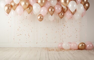 A room filled with pink and gold balloons and confetti. Generative AI